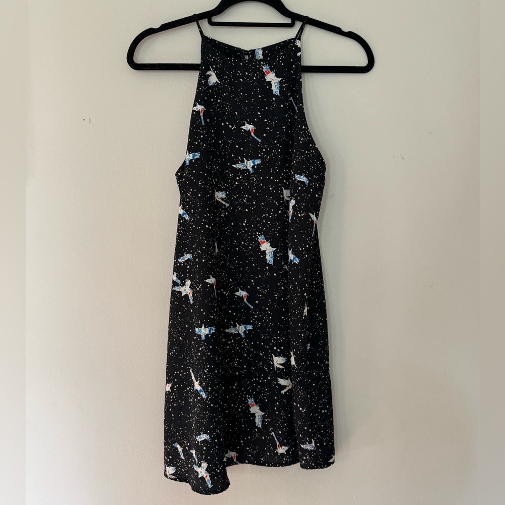 fab'rik Black Mini Dress with White Speckle & Blue/Red Rocket Print
